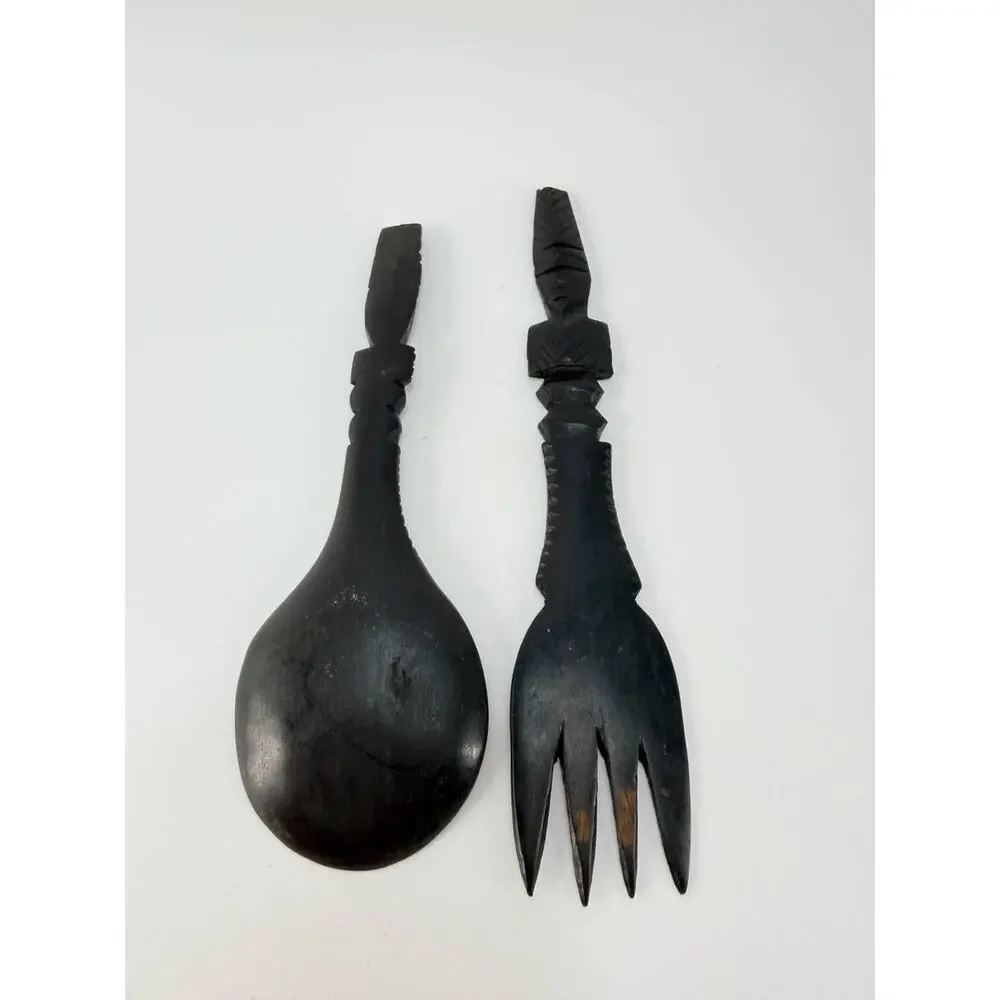 Vintage Hand Carved Wood Salad Serving Set Spoon Fork African Tribal Style
